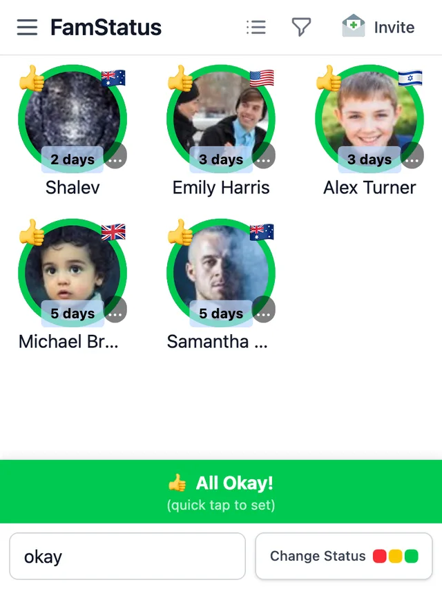 FamStatus app showing status bubbles for friends and family